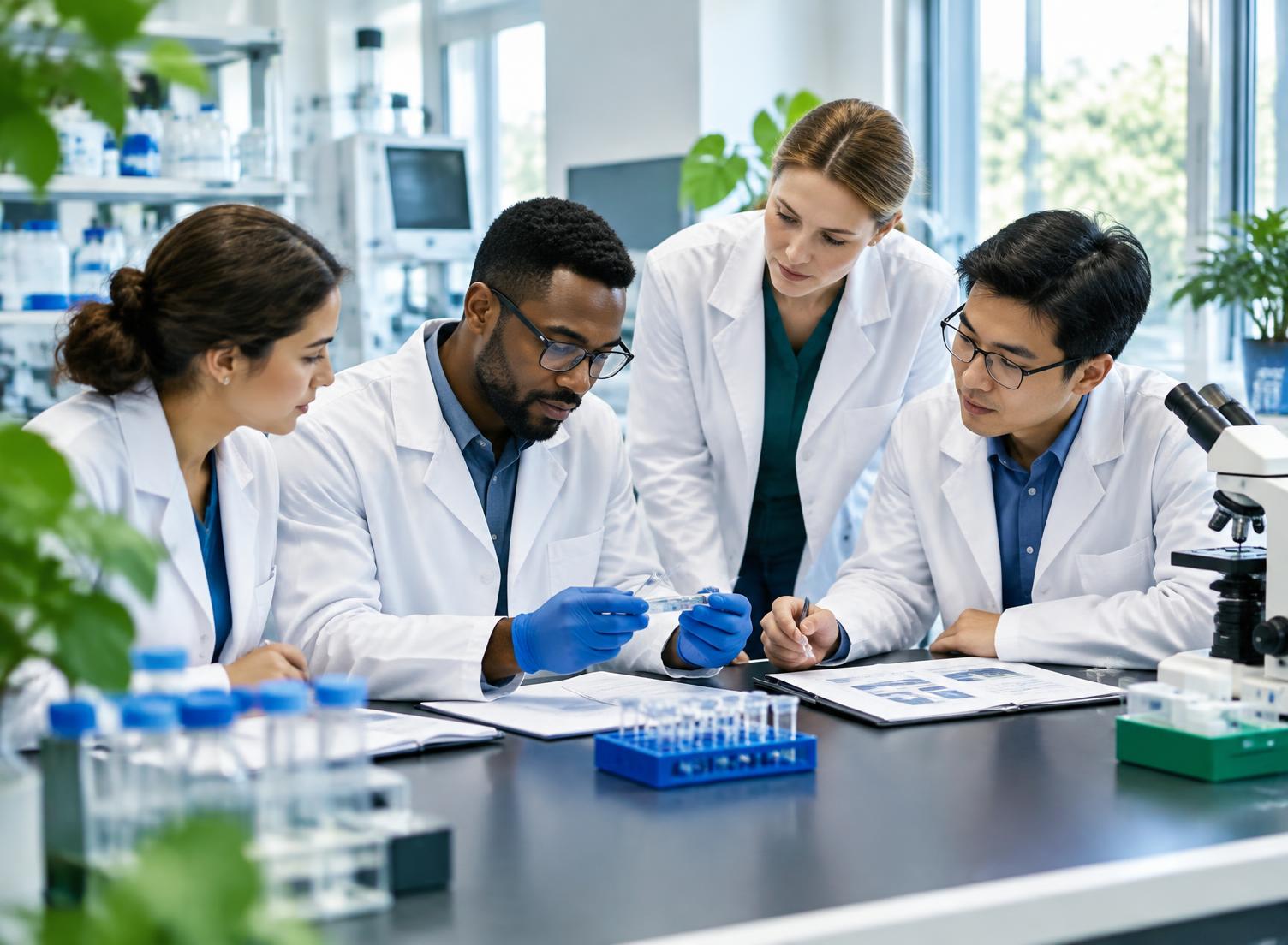Equipe técnica analisando amostras em laboratório