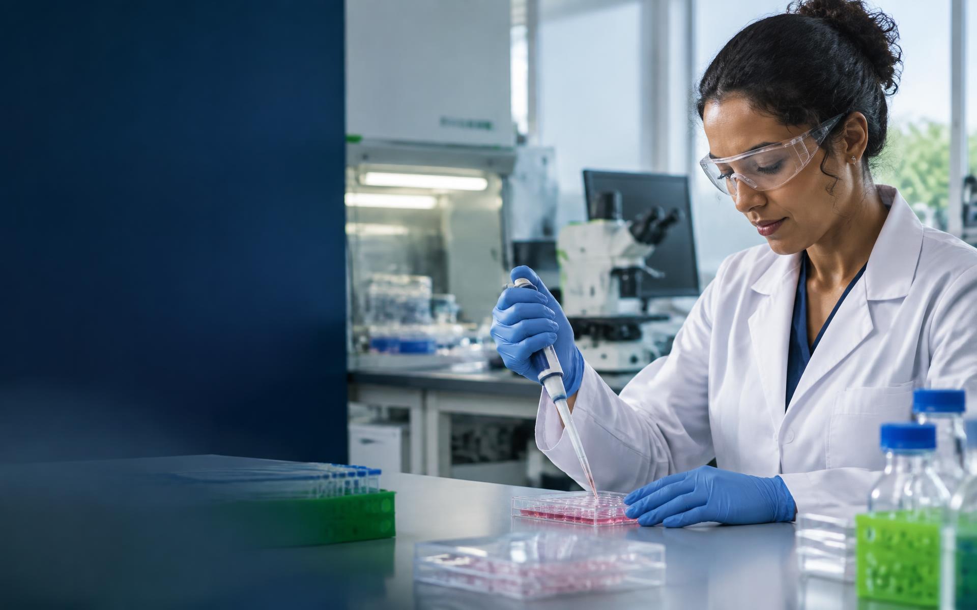 Pesquisadora trabalhando com precisão em laboratório de biotecnologia